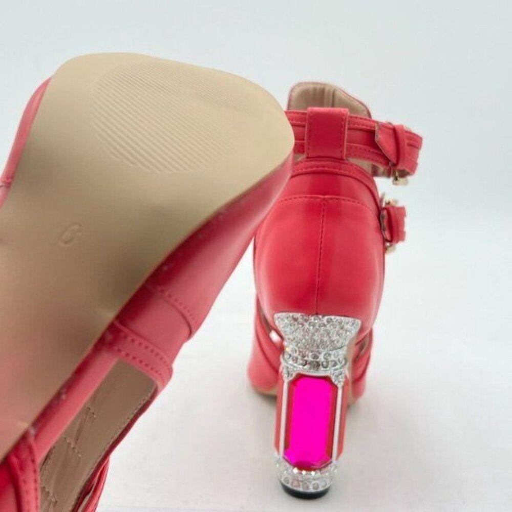 XYD Fuchsia Peep Toe Booties Style Pumps Fancy Cylindrical Crystal Heels Shoes - Picture 6 of 8